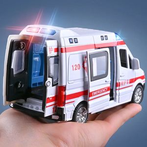 Gegoten modelauto 1 32 Simulatie Ambulancemodel Legering Trek Geluid en licht Spuitgietautospeelgoed Speciale auto Kinderspeeltjes Geschenk 231012