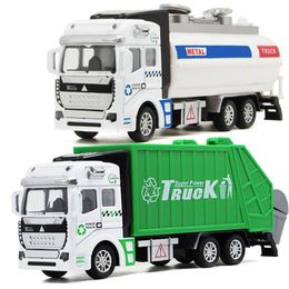 Diecast modelo de carro 1 48 caminhão de lixo carrinho de rega carrinho de brinquedo carro de brinquedo interior liga cabeça cidade limpeza série presentes para menino 230617