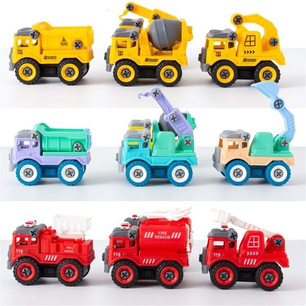 Diecast Model car 4pcs Niños DIY Juguetes de construcción Ingeniería Coche Camión de bomberos Tornillo Construir y desmontar Modelos de vehículos Regalos divertidos para niños Niños 230621