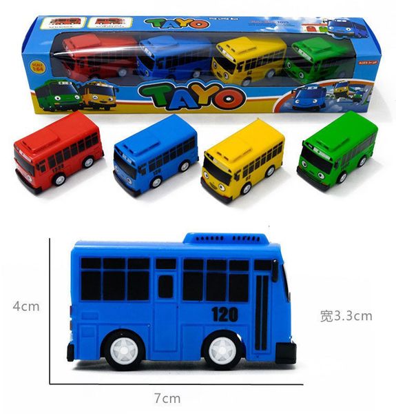 Modèle de voiture moulé sous pression 4pcsset Anime Tayo le petit bus jouets éducatifs dessin animé Mini plastique retirer bus modèle de voiture jouets pour enfants cadeaux de Noël 230919