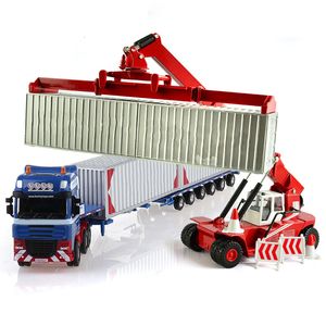 Diecast model Auto -legering Diecast 1 50 Low Bed Transporter Container /Reach Stacker /Front Trolley Truck Rubber Tyre Vehicles Model Kids Gift Toys 230814