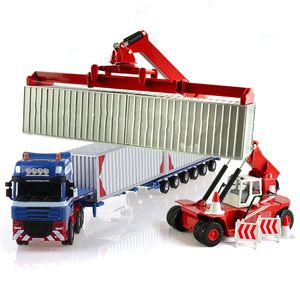 Diecast model Auto -legering Diecast 1 50 Low Bed Transporter Container /Reach Stacker /Front Trolley Truck Rubber Tyre Voertuigen Model Kids Gift Toys 230815