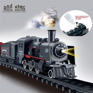 Diecast Modelo de coche Ferrocarril operado por batería Tren de carga clásico Locomotora de vapor de agua Playset con simulación de humo Juguetes eléctricos 220919