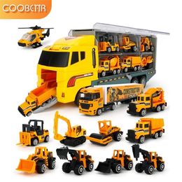 Diecast model auto groot transportspeelgoed container rier vrachtwagen voertuigen 6pcs mini -legering engineering geschenken voor kinderen jongens 221103