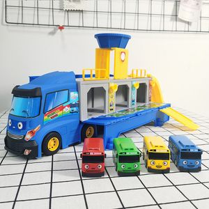 Diecast Modelauto Cartoon Tayos De Kleine Bus Container Truck Opbergdoos Parkeerplaats Met 3 Pull Back Mini Auto Speelgoed voor Kinderen Verjaardagscadeautjes 230919