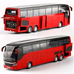 Diecast model Auto -product Hoogwaardige Kwaliteit 1 32 Legering Pull Back Bus Model Hoge imitatie Dubbele sightseeing Bus Flash Toy Voertuig 230823