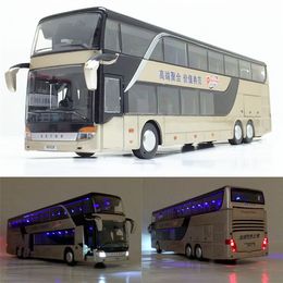 Diecast model auto verkoop hoogwaardige 1 32 legering pull back busmodel hoge imitatie dubbele sightseeing bus flash speelgoed voertuig 230420