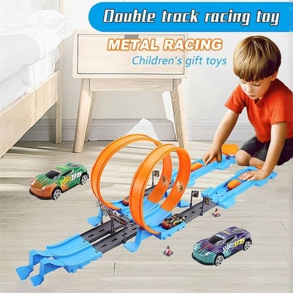 Moulé sous pression Modèle de voiture Stunt Vitesse Double Roues Piste De Course Diy Assemblé Rail Kits Catapulte Garçon Jouets pour Enfants Cadeau 221101