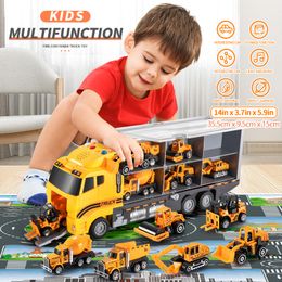 Diecast model Car Temi Big Container Transporter Playset met speelmat 6pcs Mini Engineering Vehicle Car Model Toys For Kids Boys Gifts 230814