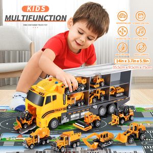 Diecast model Car Temi Big Container Transporter Playset met speelmat 6pcs Mini Engineering Vehicle Car Model Toys For Kids Boys Gifts 230815