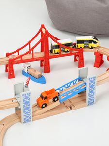 Diecast Modelo de coche Vías de tren de madera Juego de juguetes ferroviarios Puente de madera de dos pisos Accesorios de madera Modelo de paso elevado Juguetes para niños Regalos para niños 230712
