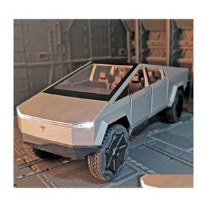 Diecast Model Cars 1 24 Tesla Cybertruck Pick -up Alloy Truck Diecasts Metal speelgoed Off Road Voertuigen geluid en lichte kindercadeau 2210 DHZSP