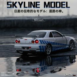 Diecast modelauto's 1 32 Nissan Skyline Ares GTR R34 Legering sportwagenmodel Diecasts Metaal speelgoedautomodel Hoge simulatie Geluid Licht Kindercadeau