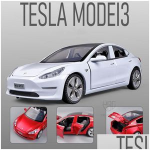 Diecast modelauto's 1/32 Tesla 3 Alloy CAR Diecasts elektrische energie Boy voertuig metaal speelgoed met geluidslicht voor kinderkinderen geschenken 220 DHZ76