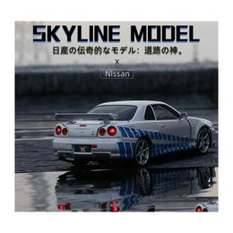 Diecast modelauto's 1 tot 32 Nissan Skyline Ares GTR R34 Alloy Sportcar Diecasts Metaal speelgoed High Simation Sound Light Childrens Gift Dhnes