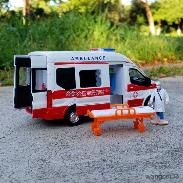 Diecast Model Cars 34 FORD Alloy Ambulance Vehicles Car Model Diecast Metal Toy Broadcast Car Model Simulación Sonido y luz Niños Regalos R230807