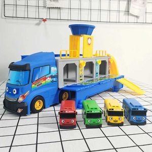 Diecast modelauto's cartoon tayos de kleine buscontainer truck opbergkast parkeerplaats met 3 terugtrek mini -auto speelgoed voor kinderen verjaardagscadeaus t240506