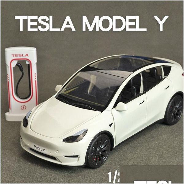 Coches modelo fundido a presión Modelo 1/24 Escala Tesla Y Roadster Coche de aleación Vehículo de metal Modelos de juguete Colección Simation Sound Light para Ki Dhpw7