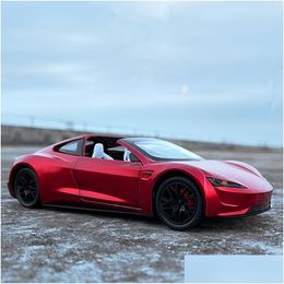 Coches en miniatura Diecast Model Car 1 24 Tesla Roadster Alloy Sports Diecasts Metal Toy Vehicles Simation Sound and Light Collection Dh8Ve