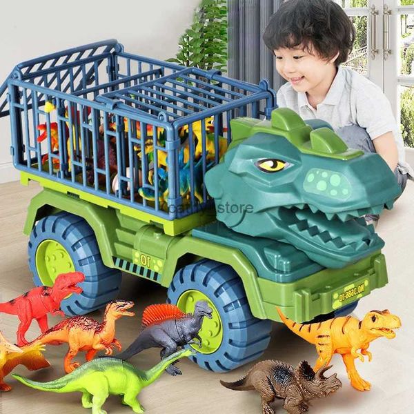 Diecast Model Cars Kids Tyrannosaurus Car Toys Dinosaurios Transporte Car Carrier Truck Toy Pull Back Vehículo Juguetes para niños Regalo de Navidad L2403