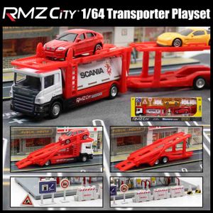 Diecast modelauto's RMZ City 1 64 Scania Transporter Truck Lage Trailer Minor Model met verkeersborden Boys WX