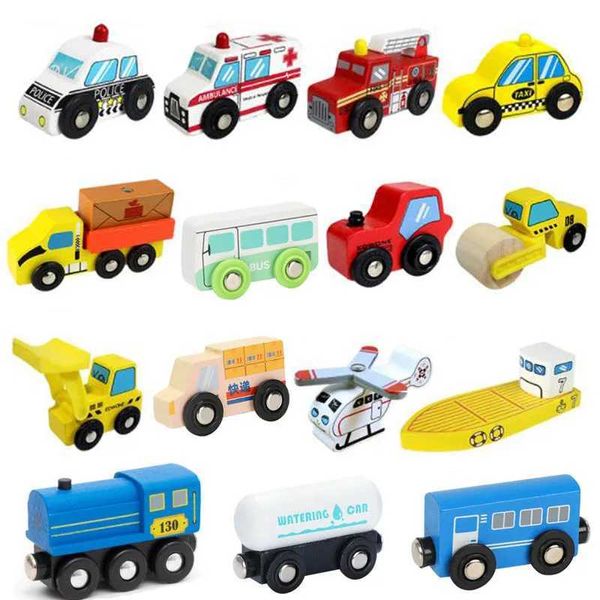 Diecast Model Cars en bois Train Toys Truck Fire Police Car Ambulance Compatible Thomas Train Track Toys for Children Y240520OILC