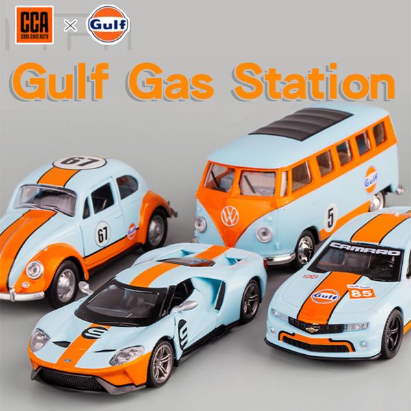 Modèle moulé sous pression CCA Gulf Gas Station Fusca Bus Ford GT Camaro Racing Car Metal Miniature Véhicule Enfant Jouet Pour Garçon Cadeau 230617