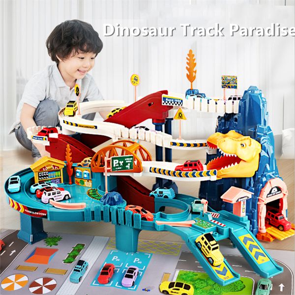 Modèle moulé sous pression dinosaure jouets voiture Dino aventure courbe route piste Rail véhicule Parking enfants garçons jeux d'interaction enfants cadeaux d'anniversaire 230331