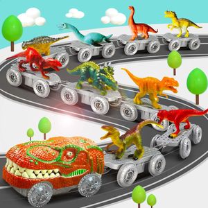 Modèle moulé sous pression dinosaure jouets train magique piste course jouet plier course flexible Flash lumière voiture jouets éducatifs pour enfants cadeau 231214