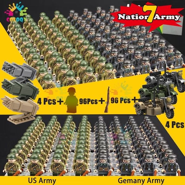 Modèle moulé sous pression poupée WW2 soldats blocs de construction Royaume-Uni soviétique US Chine Italie armée Mini figurines militaires Moto jouets pour enfants cadeaux d'anniversaire 230705