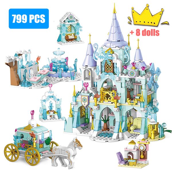 Diecast Model Friends Princess Castle House Sets para niñas Películas Royal Ice Playground Carruaje de caballos DIY Building Blocks Juguetes Niños Regalos 230705