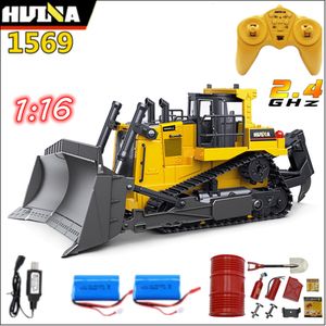 Modèle moulé sous pression HUINA 1569 RC Bulldozer 1 16 8CH camion télécommandé 2 4G véhicule d'ingénierie radio garçon passe-temps voiture jouets pour enfants cadeaux 230210