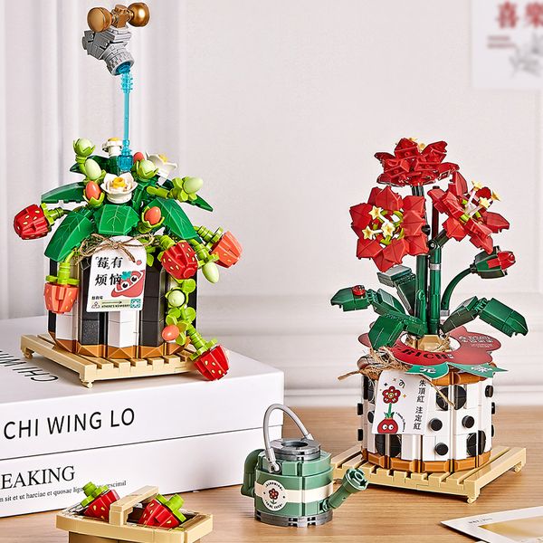 Modèle moulé sous pression LOZ Creative fraise fleur de cerisier en pot succulente bonsaï plante blocs de construction Moc Mini fleur brique décor à la maison enfants jouets 230705