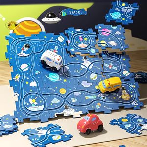 Modèle moulé sous pression Puzzle piste voiture pour enfants dessin animé dinosaures course jouets avec électrique éducatif Puzzle jouet enfants cadeau 231214
