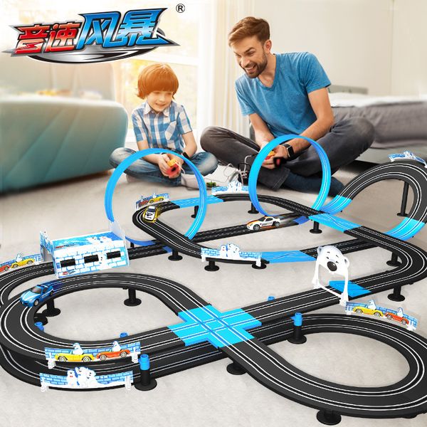 Juego de juguete de vía férrea modelo fundido a presión, coche de carreras eléctrico de doble Control remoto, circuito Autorama interactivo para niños 230818