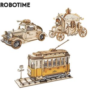 Diecast Model RoboTime 3 types DIY 3D Transport Modèle en bois Kits de construction Vintage Car Tramcar Carriage Toy Gift For Children Adult 231204