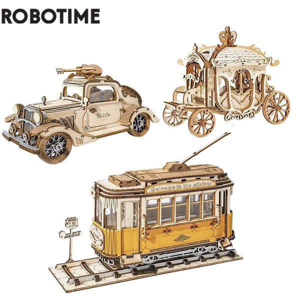 Diecast Model RoboTime 3 types DIY 3D Transport Modèle en bois Kits de construction Vintage Car Tramcar Carriage Toy Gift For Children Adult 231204