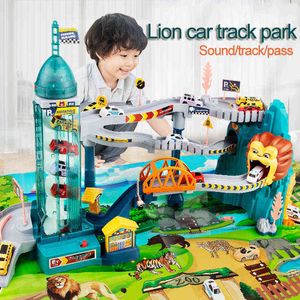 Diecast Model S Animal Lion Dinosaure électrique Courbe Piste Rail Voiture Puzzle Aventure Winding Road Drive Jouets pour enfants 0915