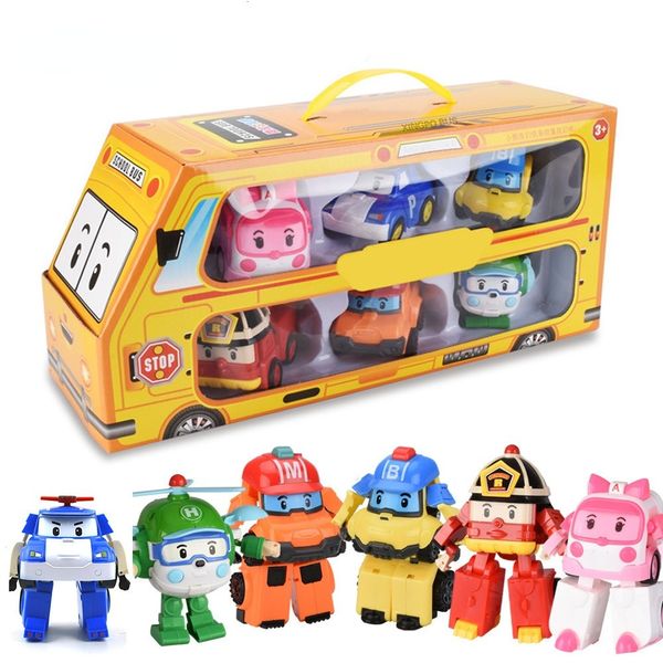 Modèle moulé sous pression ensemble de 6 pièces Poli voiture enfants Robot jouet transformer véhicule dessin animé Anime figurine jouets pour enfants cadeau Juguetes 230605