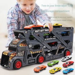 Modèle moulé sous pression Le Petit Bus Grand Conteneur Camion Boîte De Rangement Parking Avec 3 12 Pull Back Mini Voiture Jouet Enfants Cadeau D'anniversaire 230821