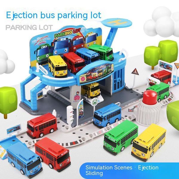 Diecast Model Le Tayos Little Bus Pull Back Cartoon Parking Lot Jouets Childrens Matching Track Minibus Alliage Collection De Voitures De Tayo Scene 230406