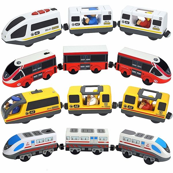 Modelo fundido a presión, pista de tren, juguetes de madera, juego magnético, ranura para locomotora de coche eléctrico, compatible con todas las vías de ferrocarril Biro de marca de madera para niños 230605