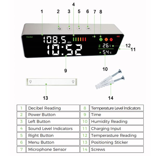 DienMern Mur Mounted Decibel Metter avec Tuya WiFi pour mesurer la température et l'humidité du produit LED de niveau de bruit Mesurer la température et