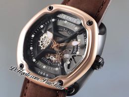 Dietrich Time Organic 1969 Miyota 82S7 Automatic Mens Watch Two Tone PVD 18K Rose Gold Skelet Black Skeleton Dalle Brown Cuir Str2651290