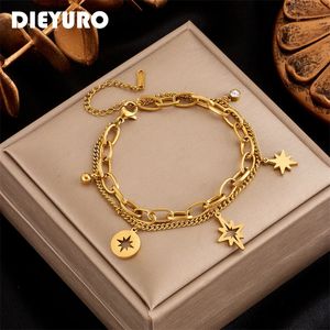 Dieyuro 316l en acier inoxydable 2layer Hollow Out Stars Bracelet For Women Girls Vintage Charme Bijoux de poigne