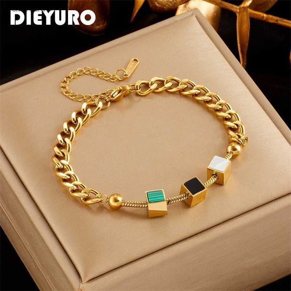 DIEYURO 316L En Acier Inoxydable Carré Cube Charme Bracelet Pour Femmes Nouvelle Tendance Filles 3 Couleur Poignet Chaînes Bijoux Cadeaux D'anniversaire L230704