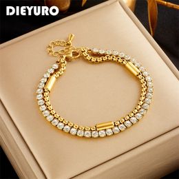 Dieyuro 316L en acier inoxydable blanc étincelant zircon 2in1 Chaines Bracelet pour femmes Girls de mode Bijoux de poignet Pulsera 240423