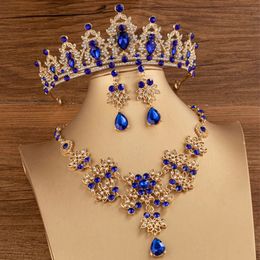 DIEZI Baroque Bridal Crown Tiaras For Women Wedding Princess Queen Red Green Blue Crystal Necklace Earrings Jewelry Sets 240511