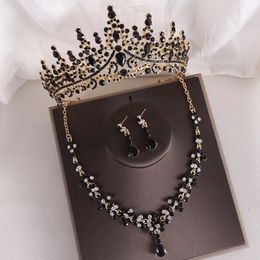 DIEZI Barokke Vintage Zwarte Strass Kroon Voor Vrouwen Trouwjurk Bruids Kristal Tiara Ketting Oorbellen Sieraden Sets 240202