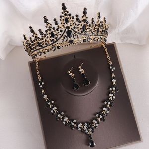 DIEZI-corona barroca Vintage de diamantes de imitación negros para mujer, vestido de novia, Tiaras de cristal, collar, pendientes, conjuntos de joyería 240202
